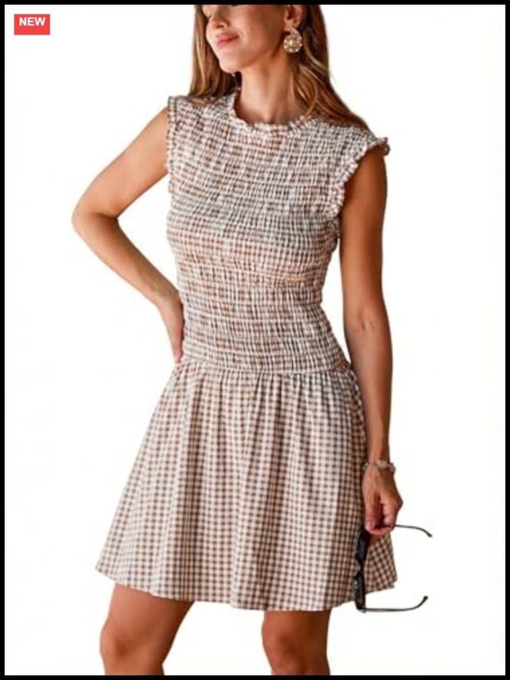 Gingham Mock Neck Smocked Ruffle Trim Mini Dress Sleeveless
